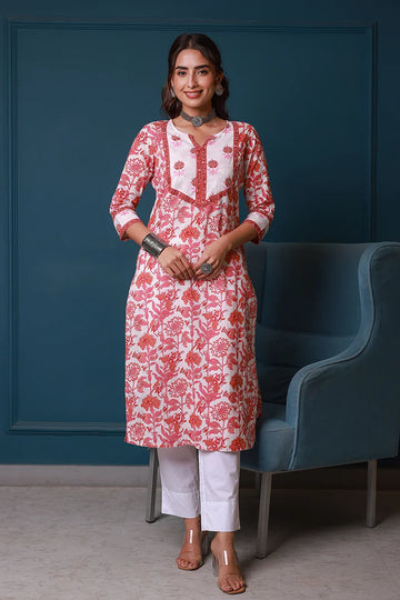 Pink Hand Block Printed Straight cotton Kurta
