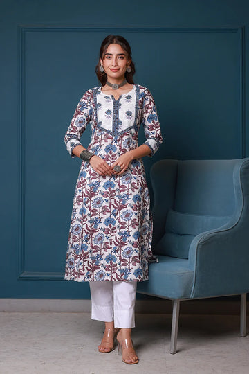 Blue Hand Block Printed Straight cotton Kurta
