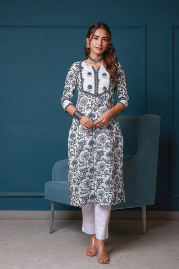 Grey Hand Block Printed Straight cotton Kurta