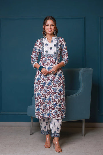 Blue Hand Block Printed Straight Kurta with Trouser