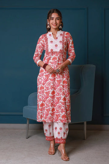 Pink Hand Block Printed Straight Kurta with Trouser