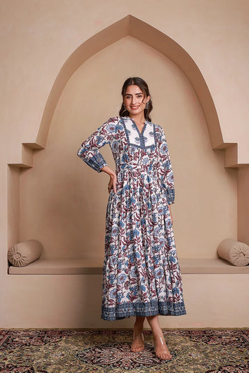Blue Floral Printed Bishop Sleeves Ethnic A-Line Maxi Dress