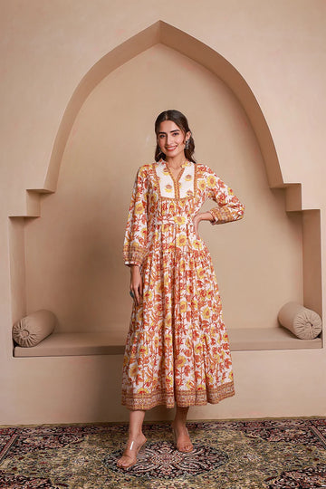 Yellow Floral Printed Bishop Sleeves Ethnic A-Line Maxi Dress