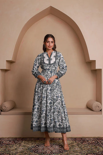Grey Floral Printed Bishop Sleeves Ethnic A-Line Maxi Dress