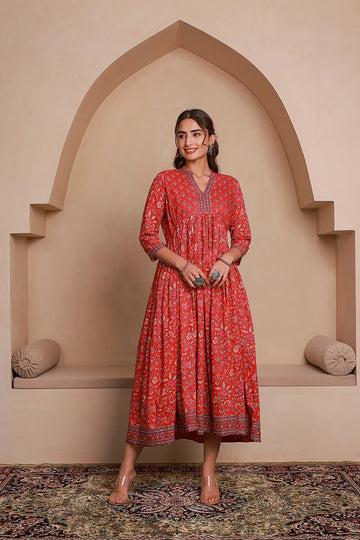 Red Floral Printed Anarkali Kurta