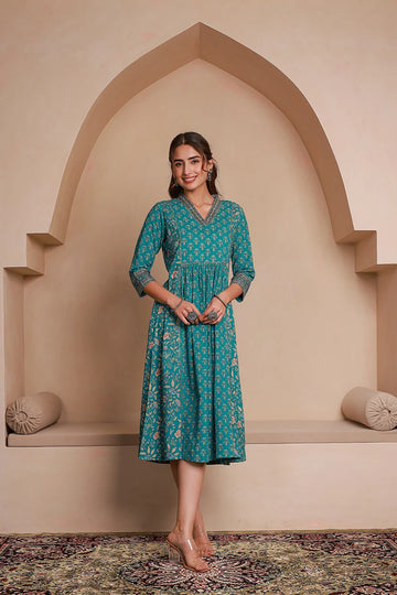 Green Floral Print Midi Pure Cotton Ethnic Dress with Gotta Work Detail