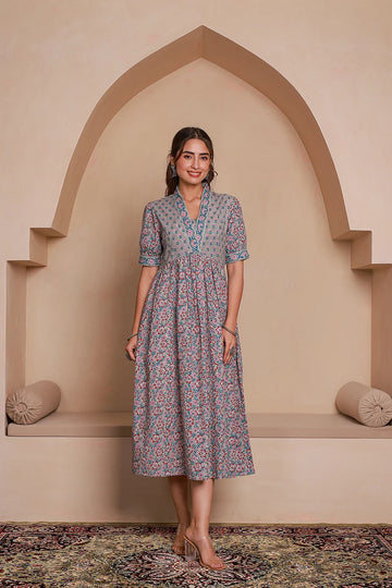 Grey Floral Printed V-Neck Gathered Detailed Cotton A-Line Midi Ethnic Dress