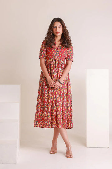 Red Floral Printed V-Neck Gathered Detailed Cotton A-Line Midi Ethnic Dress