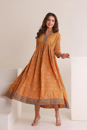 Mustard Floral Printed Anarkali Kurta