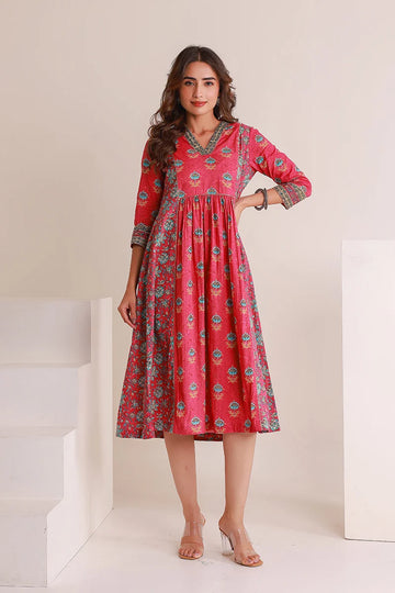 Pink Floral Print Midi Pure Cotton Ethnic Dress with Gotta Work Detail