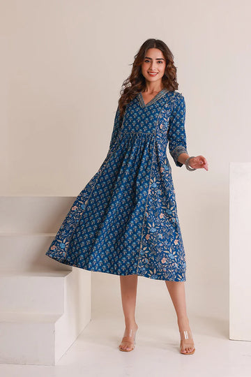 Navy Floral Print Midi Pure Cotton Ethnic Dress with Gotta Work Detail
