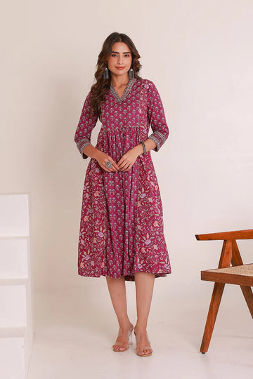Purple Floral Print Midi Pure Cotton Ethnic Dress with Gotta Work Detail