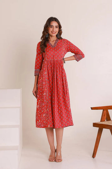 Red Floral Print Midi Pure Cotton Ethnic Dress with Gotta Work Detail