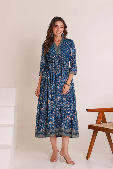 Navy Floral Printed Anarkali Kurta
