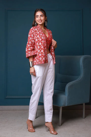 Red Hand Block Printed Kimono and Halter Set