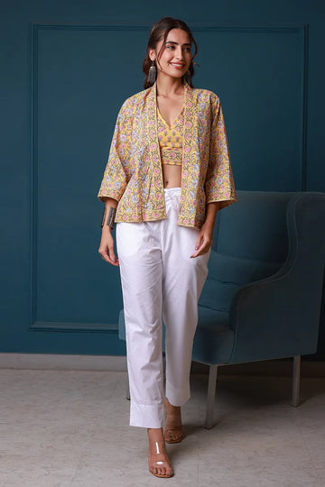 Yellow Hand Block Printed Kimono and Halter Set