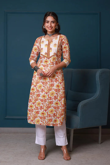 Yellow Hand Block Printed Straight cotton Kurta