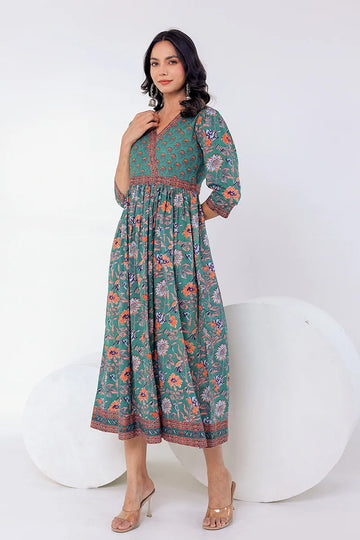 Dark Green Hand Block Printed Long Dress