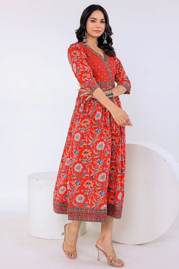 Dark Red Hand Block Printed Long Dress