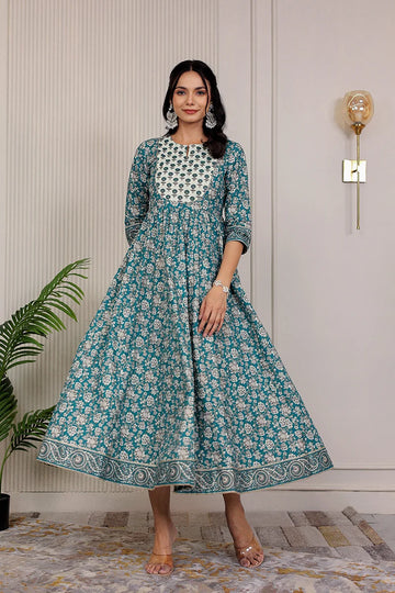 Green Gold Printed Anarkali Kurta