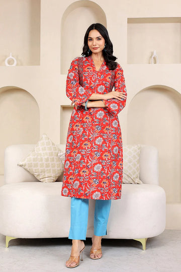 Dark Red Straight Cotton Kurta with Printed Side Panels