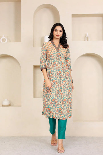 Light Orange Floral Printed V Neck Kurta