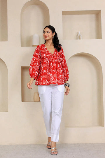 Red Hand Block Printed Tired Top