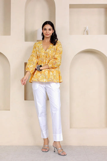 Mustard Hand Block Printed Tired Top