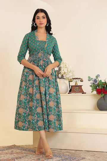 Green Flower Printed Dress with Inner