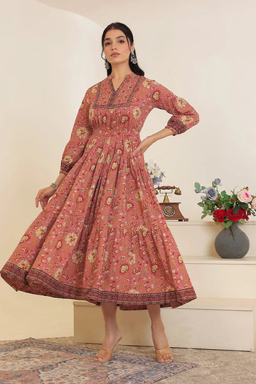 Brown Floral Printed Bishop Sleeves Ethnic A-Line Maxi Dress