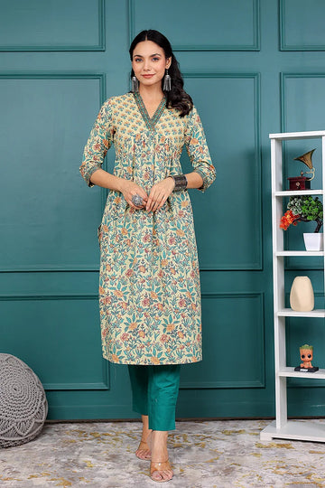 Light Yellow Floral Printed V Neck Kurta