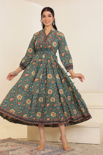 Green Floral Printed Bishop Sleeves Ethnic A-Line Maxi Dress