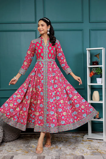 Pink Anarkali Cotton Hand Block Printed Ethnic Maxi Dress