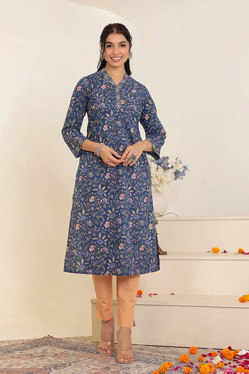 Navy Flower Kurta with Pleate on Shoulder