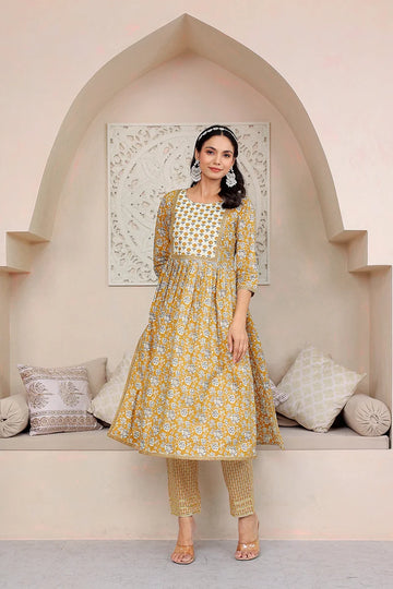 Mustard Floral Printed Gotta Thread Work Kurta with Trouser