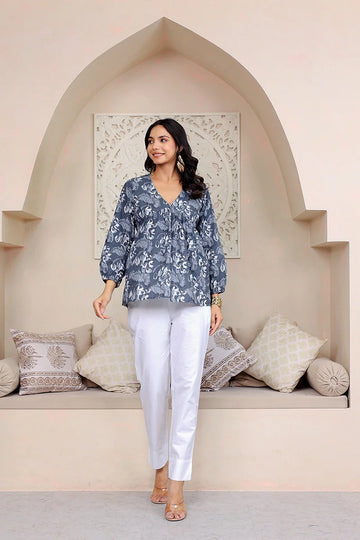 Grey Hand Block Printed Tired Top