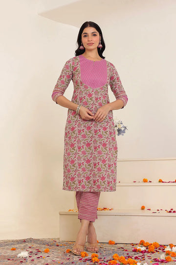 Grey Pink Floral Printed Gotta Thread Work Kurta with Trouser