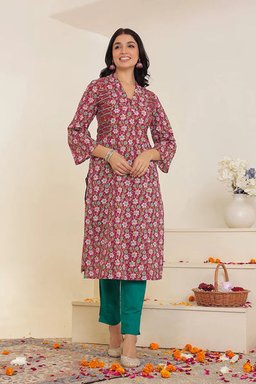 Dark Violet Straight Cotton Kurta with Printed Side Panels