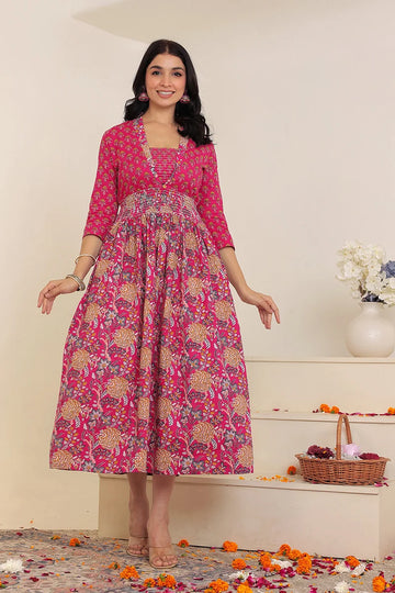 Pink Flower Printed Dress with Inner