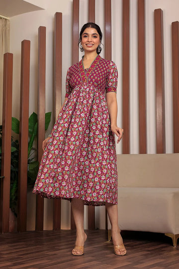 Dark Purple Floral Printed V-Neck Gathered Detailed Cotton A-Line Midi Ethnic Dress
