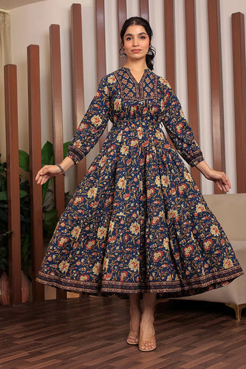 Navy Floral Printed Bishop Sleeves Ethnic A-Line Maxi Dress