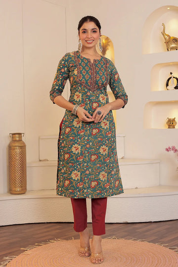 Green Hand Block Printed Straight cotton Kurta