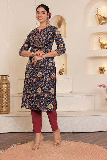 Navy Hand Block Printed Straight cotton Kurta