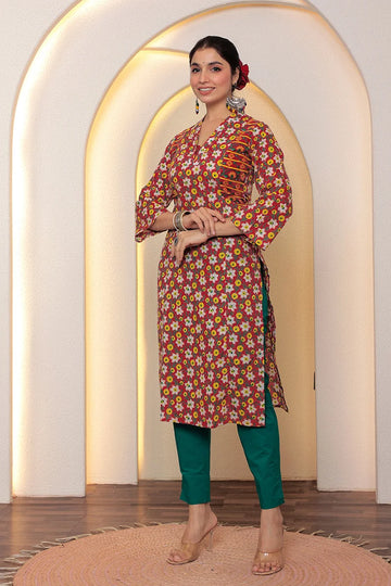 Red Straight Cotton Kurta with Printed Side Panels