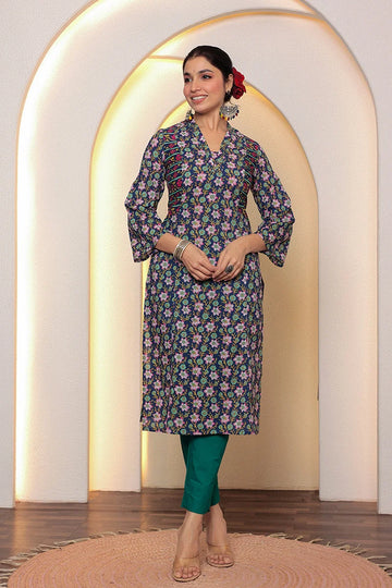 Navy Straight Cotton Kurta with Printed Side Panels