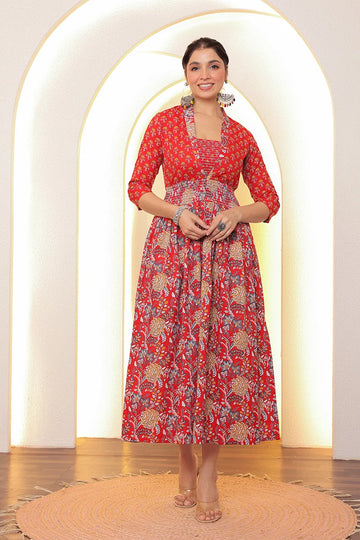 Red Flower Printed Dress with Inner
