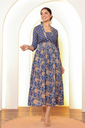 Blue Flower Printed Dress with Inner