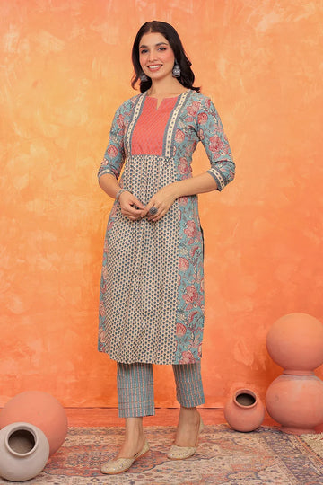 Light Blue Flower Printed Kurta with Trouser