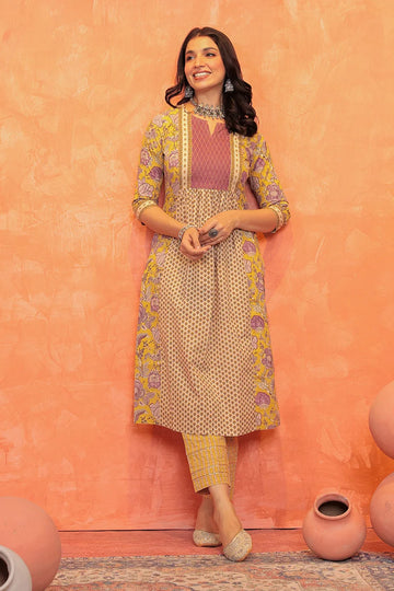Yellow Flower Printed Kurta with Trouser
