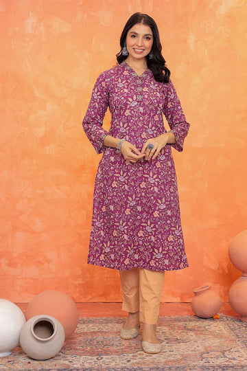 Purple Flower Kurta with Pleate on Shoulder